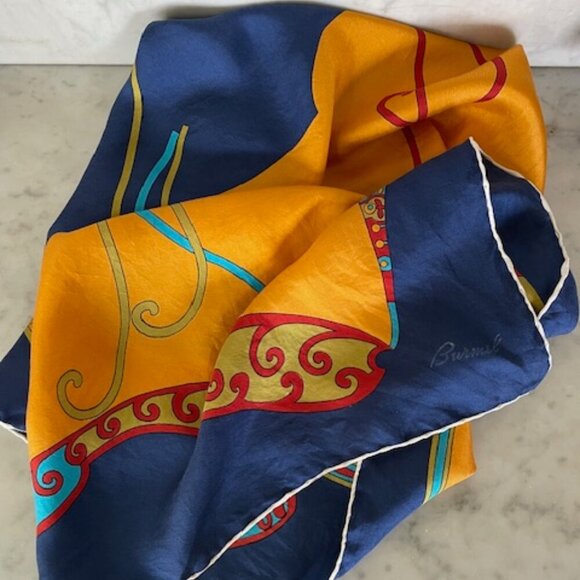BURMEL Vintage Hand Rolled Bold Retro Print Blue Square Scarf - Picture 5 of 16